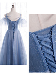 Chiffon Dress, Elegant  A line Tulle Sequin Blue Long Prom Dress, Tulle Blue Formal Evening Dress