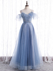 Yellow Dress, Elegant  A line Tulle Sequin Blue Long Prom Dress, Tulle Blue Formal Evening Dress