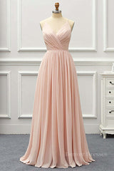 Bridesmaid Dresses Long, Elegant A Line V Neck Pink Long Prom Dress, Pink Formal Graduation Evening Dress