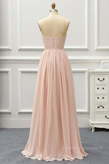 Bridesmaid Dress Elegant, Elegant A Line V Neck Pink Long Prom Dress, Pink Formal Graduation Evening Dress