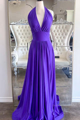 Formal Dresses Gowns, Elegant Halter Neck Backless Purple Long Prom Dress, Backless Purple Formal Graduation Evening Dress