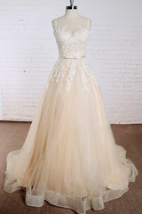 Wedding Dresses Dress, Elegant Long A-line Appliques Lace Tulle Wedding Dress