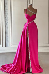 Bridesmaid Dress Ideas, Elegant Long A-line One Shoulder Sweetheart Sleeveless Satin Prom Dress With Slit