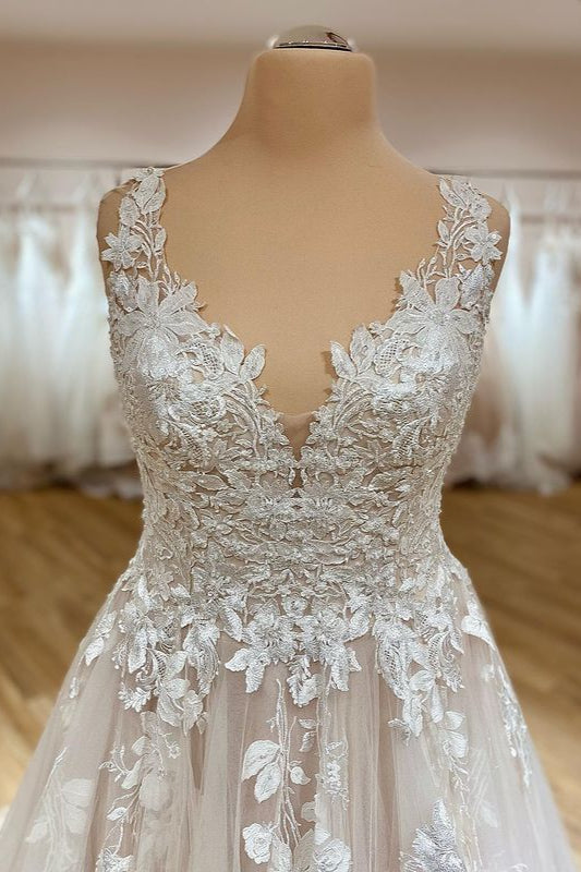 Wedding Dresses Train, Elegant Long A-Line Sweetheart Appliques Lace Tulle Wedding Dress