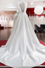 Wedding Dress Inspiration, Elegant Long A-line V Neck Satin Ruffles Open Back Wedding Dresses