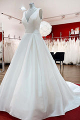 Wedding Dress With Sleeves, Elegant Long A-line V Neck Satin Ruffles Open Back Wedding Dresses