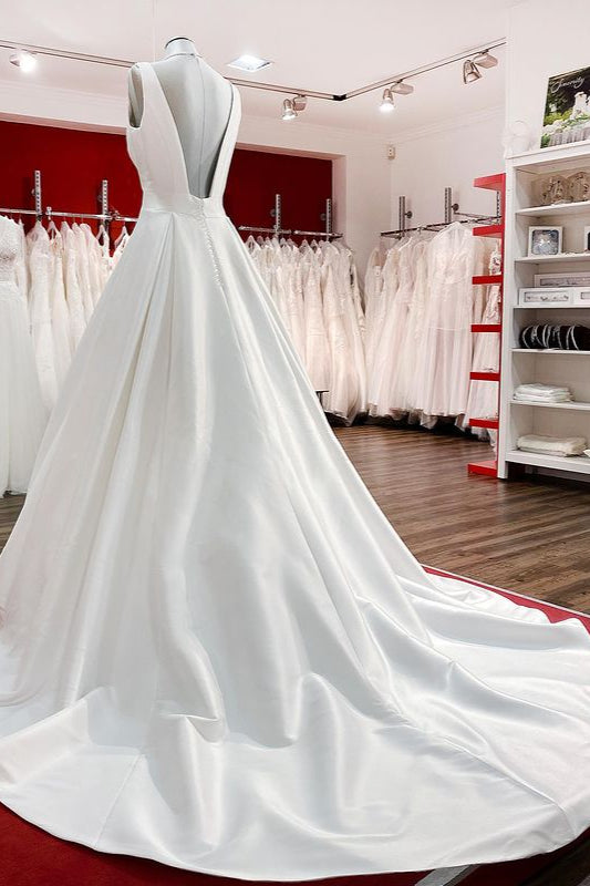 Wedding Dresses Simple, Elegant Long A-line V Neck Satin Ruffles Open Back Wedding Dresses