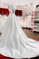 Wedding Dresses Simple, Elegant Long A-line V Neck Satin Ruffles Open Back Wedding Dresses