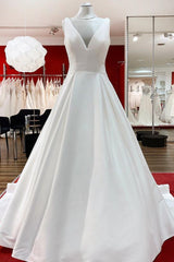 Wedding Dresses With Sleeves, Elegant Long A-line V Neck Satin Ruffles Open Back Wedding Dresses