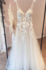 Wedding Dress A Line Lace, Elegant Long A-line V-neck Tulle Appliques Lace Open Back Wedding Dress