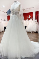 Wedding Dress Strap, Elegant Long A-line V Neck Tulle Lace Open Back Wedding Dress