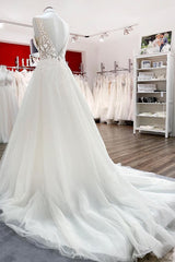 Wedding Dresses Straps, Elegant Long A-line V Neck Tulle Lace Open Back Wedding Dress