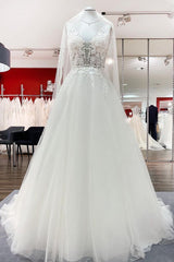 Wedding Dresses Girl, Elegant Long A-line V Neck Tulle Lace Open Back Wedding Dress