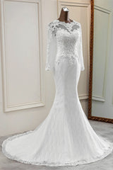 Wedding Dress Hire, Elegant Long Mermaid Tulle Jewel Wedding Dress with Sleeves