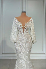 Wedding Dresses Country, Elegant Long Mermaid V-neck Tulle Lace Wedding Dress with Sleeves