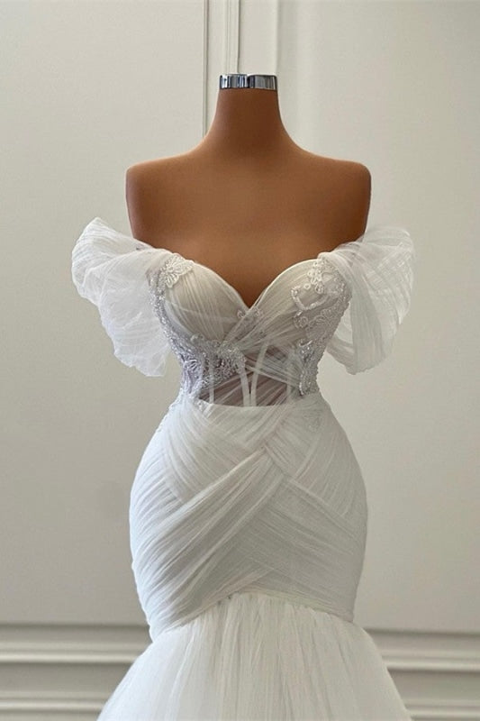 Wedding Dresses Costs, Elegant Off the Shoulder Floor Length Mermaid Tulle Wedding Dress