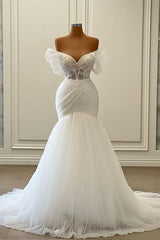 Wedding Dress Cost, Elegant Off the Shoulder Floor Length Mermaid Tulle Wedding Dress