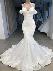 Wedding Dresses Online Shopping, Elegant Sweetheart Short Sleeves Lace Mermaid Wedding Dresses