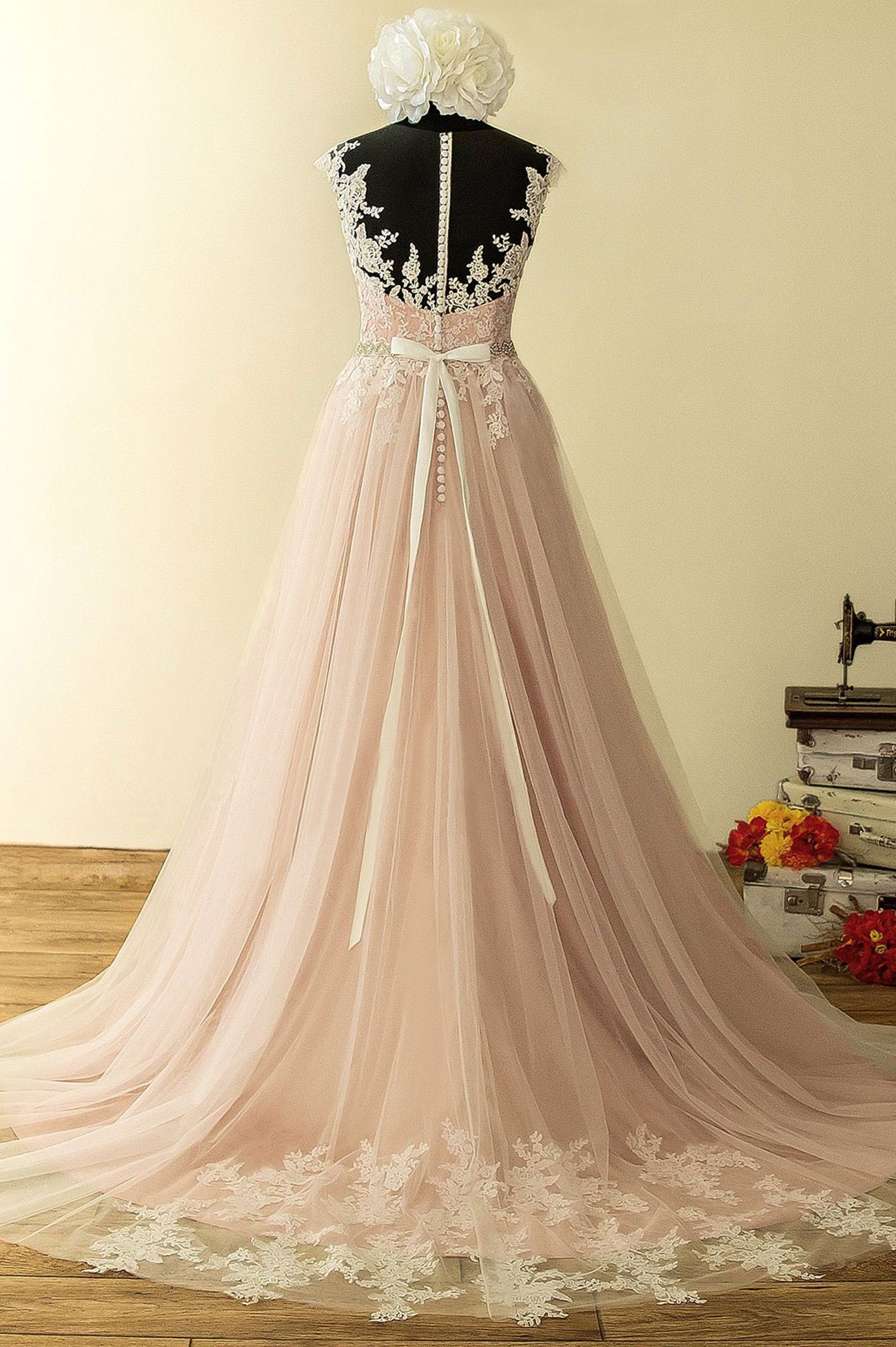 Prom Dress Styling Hair, Elegant Tulle Lace Long Prom Dress, A-Line Scoop Neckline Evening Dress