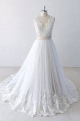 Wedding Dress With Lacing, Elegant V-neck Lace Tulle A-line Wedding Dress