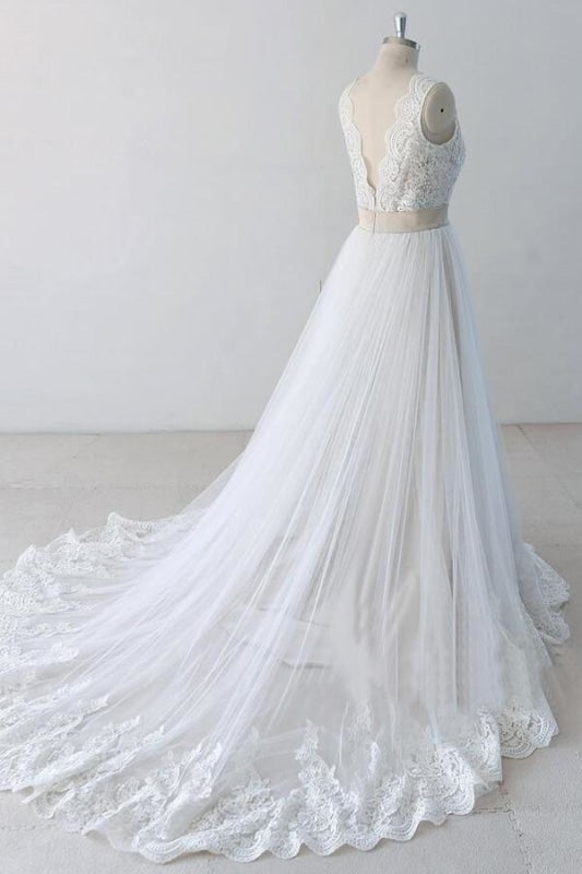 Wedding Dress Vintage Style, Elegant V-neck Lace Tulle A-line Wedding Dress