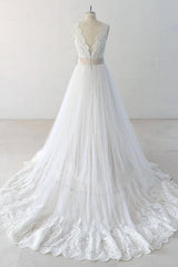 Wedding Dresses With Lace, Elegant V-neck Lace Tulle A-line Wedding Dress