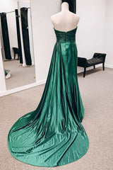 Girl Dress, Emerald Green Satin Strapless Long Formal Dresses with Train