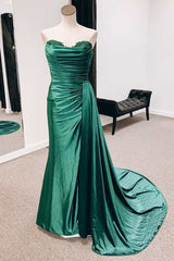 Long Prom Dress, Emerald Green Satin Strapless Long Formal Dresses with Train