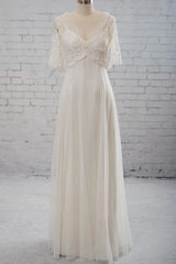 Wedding Dresses Aesthetic, Empire Waist V-neck Tulle A-line Wedding Dress