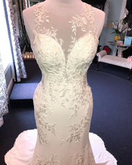 Wedding Dressed With Sleeves, Exquisite Jewel Sleeveless Wedding Dress Sheath Tulle Lace Open Back Bridal Gown