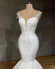 Wedding Dress Jewelry, Exquisite Long Lace V-neck Sleeveless Mermaid Wedding Dresses