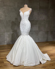 Wedding Dress V, Exquisite Long Lace V-neck Sleeveless Mermaid Wedding Dresses