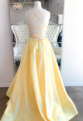 Prom Dressed Ball Gown, Yellow Satin Long Prom Dresses, A-Line Backless Evening Dresses