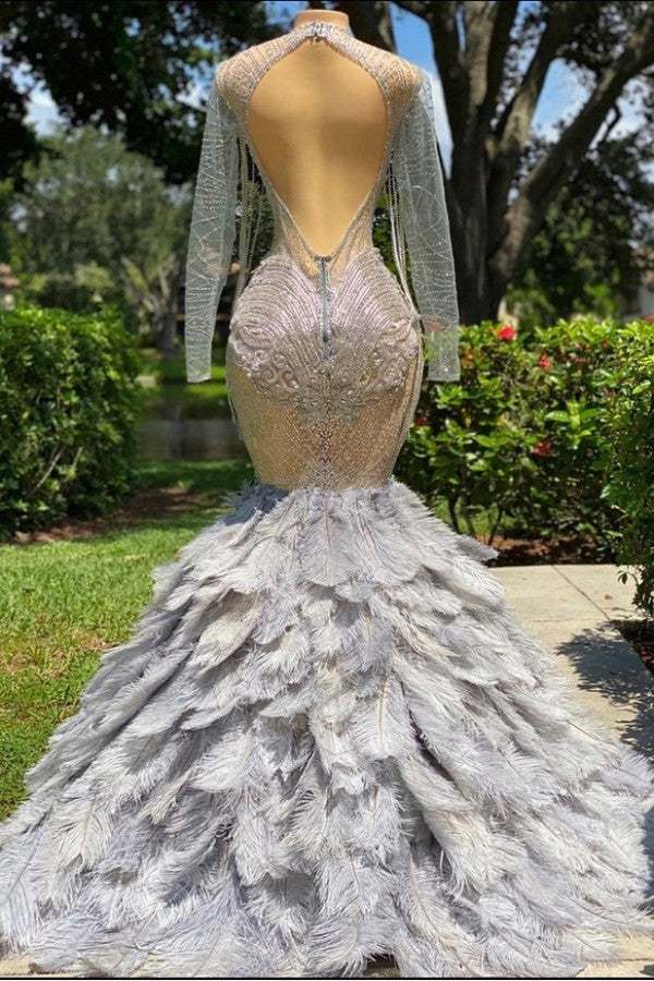 Gold Dress, Fabulous Long Mermaid V-neck Sequined Beading Feather Tulle Prom Dress with Sleeves