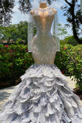 Unique Prom Dress, Fabulous Long Mermaid V-neck Sequined Beading Feather Tulle Prom Dress with Sleeves