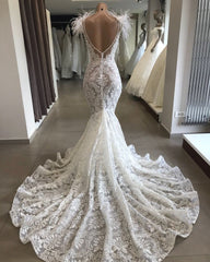 Wedding Dress Classic, Fit and Flare Lace Crystals Necklace Wedding Dresses Open Back Bridal Gowns with Feather