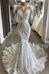 Wedding Dresses Classic, Fit and Flare Lace Crystals Necklace Wedding Dresses Open Back Bridal Gowns with Feather