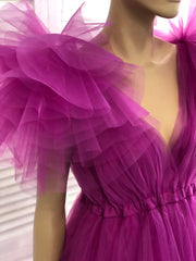 Homecomming Dresses Blue, Fuchsia A-line V Neck Tulle Prom Dress