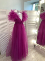 Homecomeing Dresses Blue, Fuchsia A-line V Neck Tulle Prom Dress