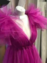 Homecoming Dresses With Tulle, Fuchsia A-line V Neck Tulle Prom Dress