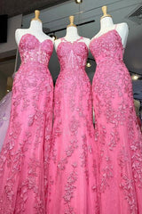 Bridesmaid Dress White, Gorgeous Hot Pink Lace Appliques Long Formal Dress