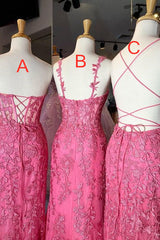 Bridesmaids Dresses Orange, Gorgeous Hot Pink Lace Appliques Long Formal Dress