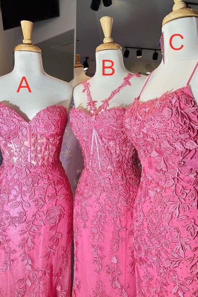 Bridesmaids Dresses White, Gorgeous Hot Pink Lace Appliques Long Formal Dress