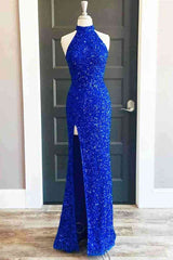 Bridesmaid Dresses For Beach Wedding, Sequins High Neck Royal Blue Long Party Dress with Slit