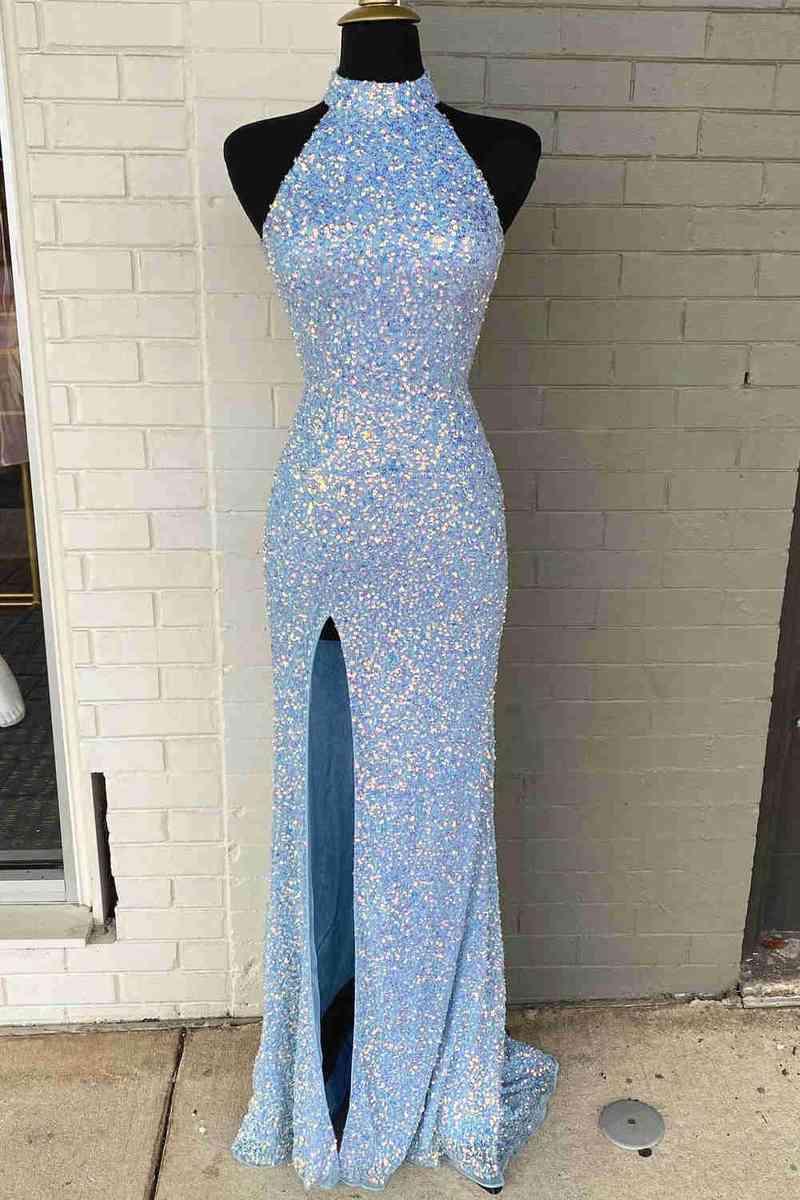 Bridesmaids Dress Styles Long, Sequins High Neck Royal Blue Long Party Dress with Slit