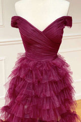 Bridesmaid Dress Blushing Pink, Off the Shoulder Burgundy Pleated Sheer Tiered Prom Dress