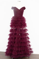 Bridesmaids Dresses Blush Pink, Off the Shoulder Burgundy Pleated Sheer Tiered Prom Dress