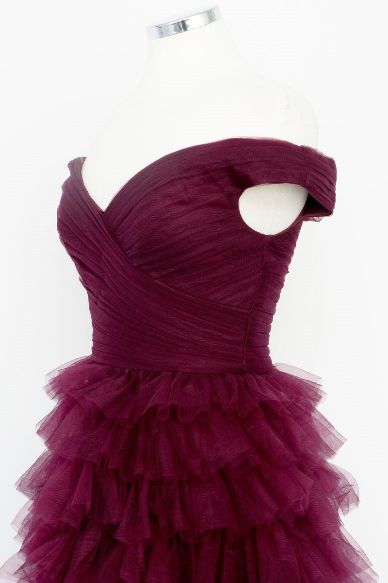 Bridesmaid Dress Blush Pink, Off the Shoulder Burgundy Pleated Sheer Tiered Prom Dress