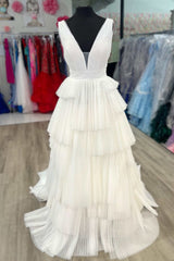 Unique Wedding Dress, White V-Neck Pleated Layered Long Formal Dress