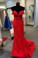 Silk Wedding Dress, Off the Shoulder Red Sheer Lace Corset Mermaid Prom Dress